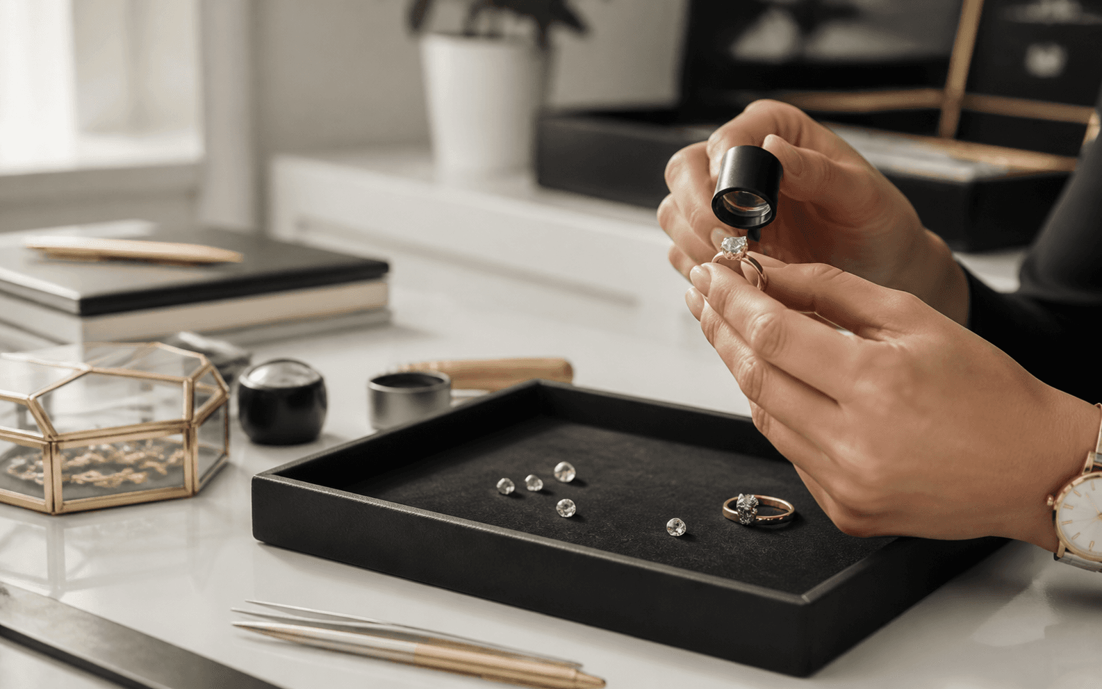 Jewellery professional inspecting a ring